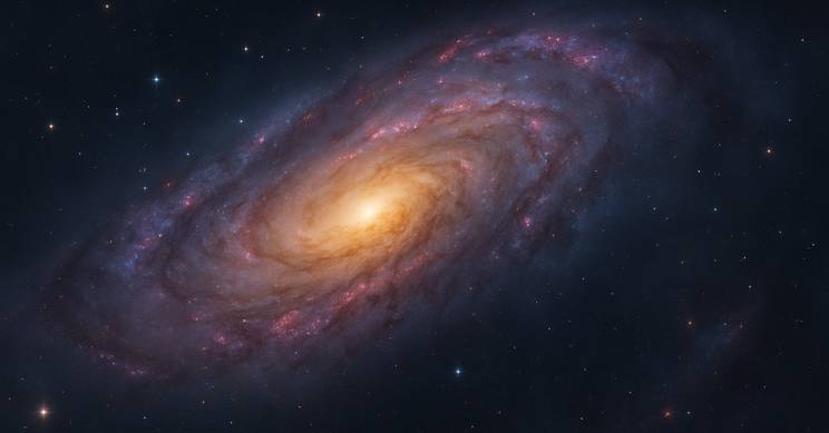 Una hermosa galaxia espiral iluminada por un núcleo brillante en un fondo estrellado.