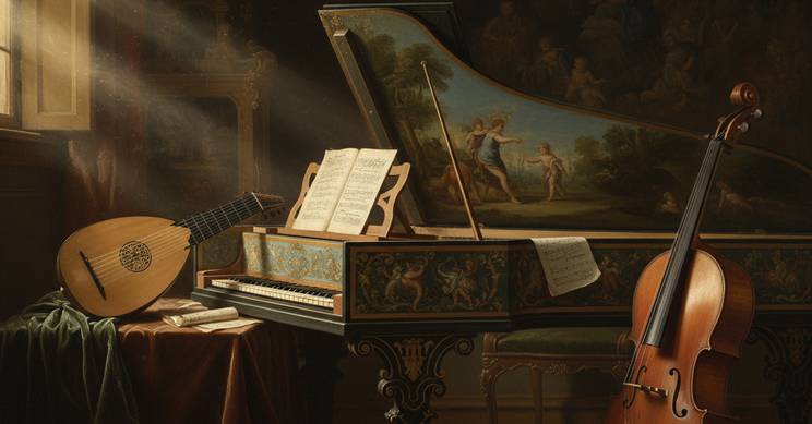 Una escena musical que incluye un clavicémbalo, un laúd y un violonchelo, iluminada por un rayo de luz que entra por la ventana.