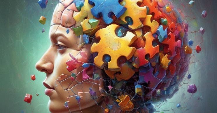 La imagen muestra un perfil humano con un cerebro formado por piezas de rompecabezas de colores brillantes, simbolizando la creatividad y la complejidad mental.