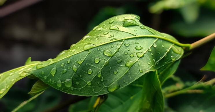 Una hoja verde cubierta de gotas de agua.