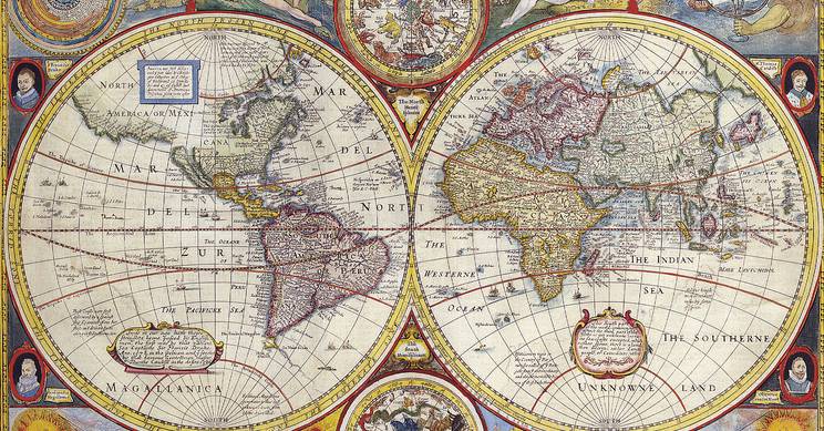 Mapa antiguo del mundo con ilustraciones decorativas y detalles geográficos.