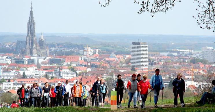 Un grupo de personas camina por un sendero con una ciudad de fondo y un paisaje urbano.