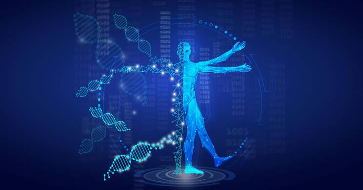 Una representación digital de un ser humano con elementos de ADN en un fondo azul.