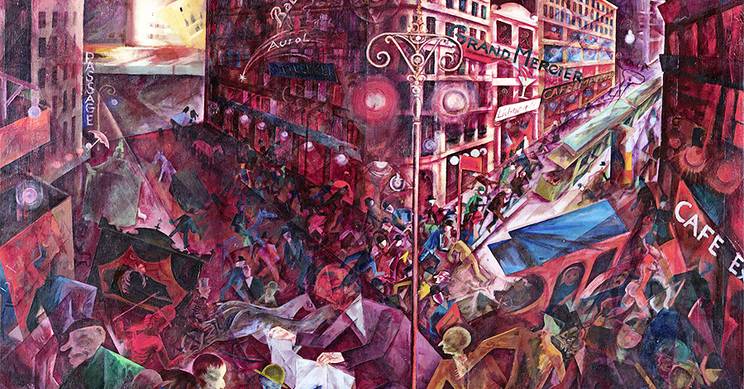 Una vibrante y caótica escena urbana llena de personas y edificios en un estilo expresionista.