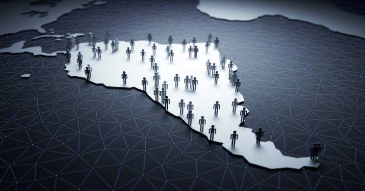 Un mapa estilizado de un país con figuras humanas representando la población dispersa por su territorio.