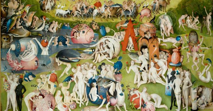 Una representación surrealista y alegórica de la vida, con figuras humanas y elementos naturales intercalados en una escena vibrante.