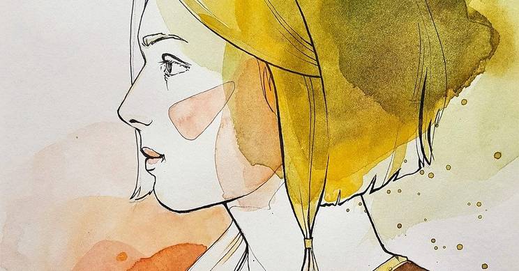 Retrato en acuarela de una chica con fondo abstracto en tonos cálidos.