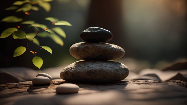 A serene stack of three stones balanced on each other in a tranquil forest setting, with sunlight filtering through leaves.