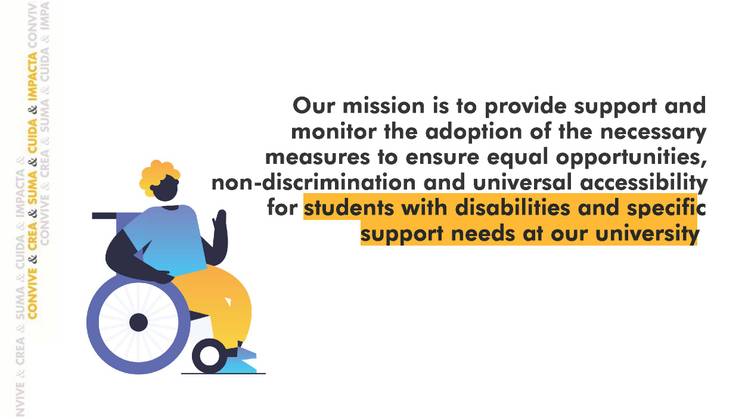 An illustration showing a person in a wheelchair with text about providing support and ensuring equal opportunities for students with disabilities at a university.