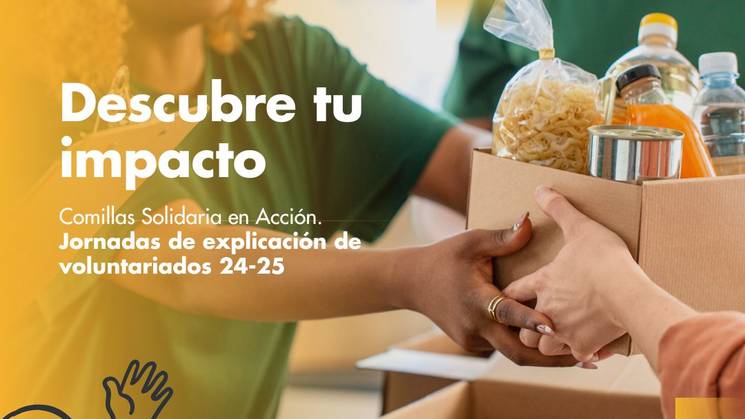A man and a woman, smiling, participating in a volunteer food packing event with a message in Spanish promoting volunteer action days.