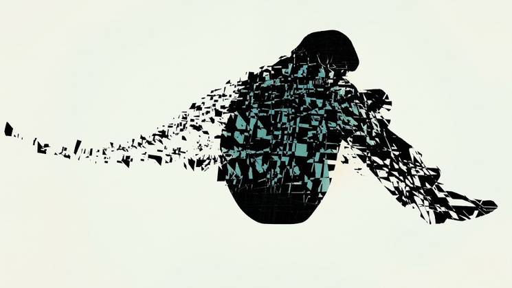 La imagen muestra la silueta de una persona sentada, con fragmentos dispersos que parecen disolverse en el espacio.