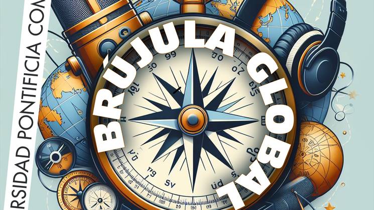 La imagen muestra una brújula estilizada que representa la idea de relaciones internacionales.