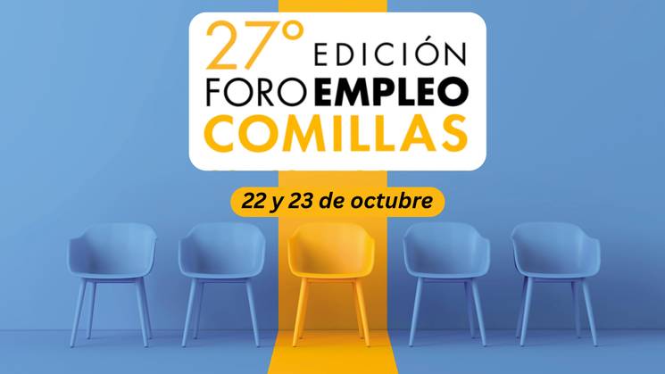 Imagen del 27º foro de empleo en Comillas con sillas y detalles en azul.