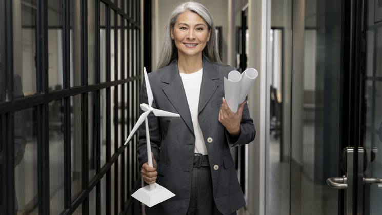 A professional woman holding a model wind turbine and blueprints in an office corridor.