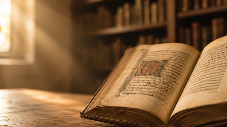 Un libro antiguo abierto sobre una mesa de madera, con luz suave entrando por una ventana.