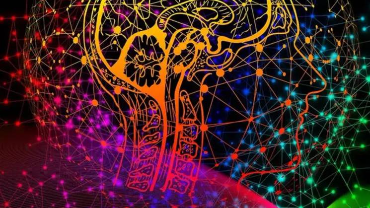 La imagen muestra un diseño artístico del cerebro humano iluminado con colores vibrantes y una red de conexiones neuronales.