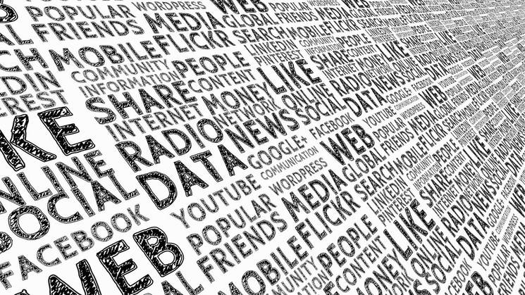 La imagen muestra una serie de palabras relacionadas con redes sociales y datos en un diseño en perspectiva.