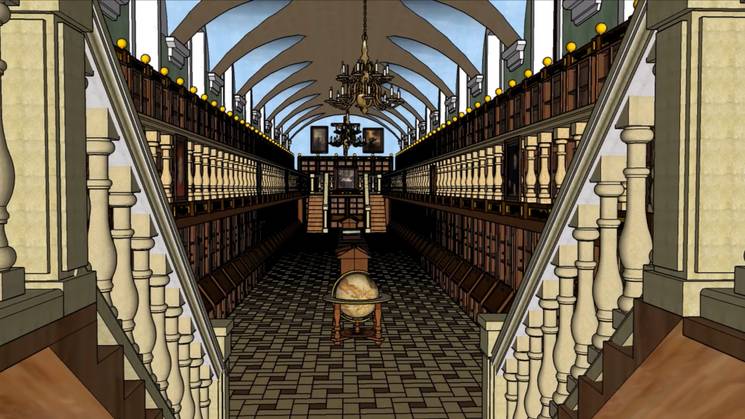 Una biblioteca grande y elegante con estantes llenos de libros y una esfera terrestre en el centro.