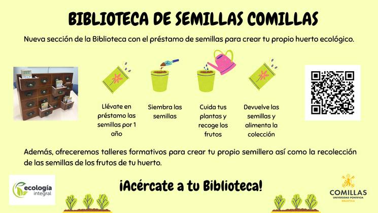 Cartel informativo sobre la nueva sección de la biblioteca que ofrece el préstamo de semillas para crear huertos ecológicos.