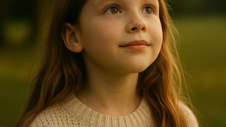 Una niña con cabello largo y lacio mira hacia arriba en un ambiente natural durante el atardecer.