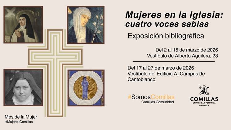 La imagen promueve una exposición bibliográfica titulada 'Mujeres en la Iglesia: cuatro voces sabias'.