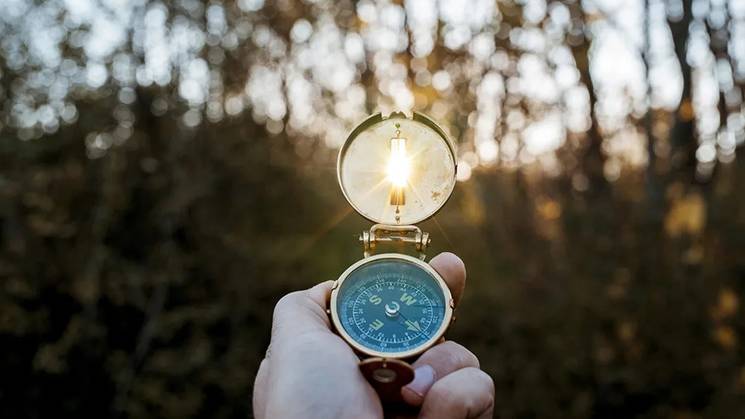 Una mano sostiene una brújula que apunta hacia la luz del sol entre los árboles.