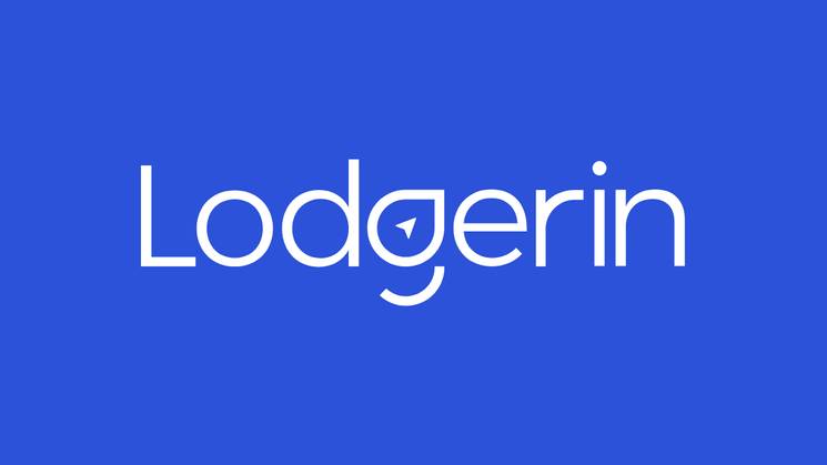 Logotipo de Lodgerin en un fondo azul.