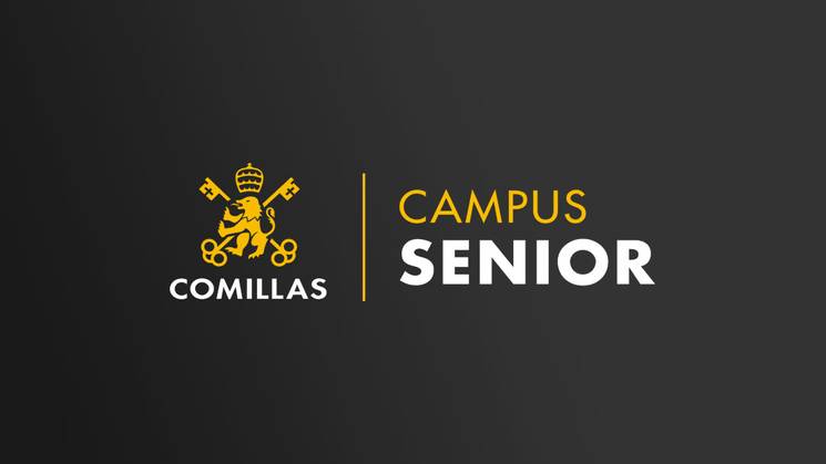 Logo de Campus Senior de Comillas en un fondo gris oscuro.