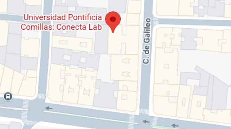 Mapa que muestra la ubicación de la Universidad Pontificia Comillas y el Conecta Lab.