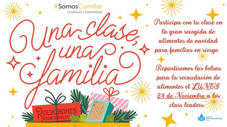 Anuncio sobre una recogida de alimentos navideños para familias en riesgo organizado por una clase.