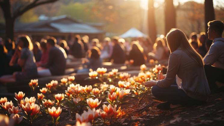 Una multitud de personas sentadas en un parque rodeado de flores al atardecer.
