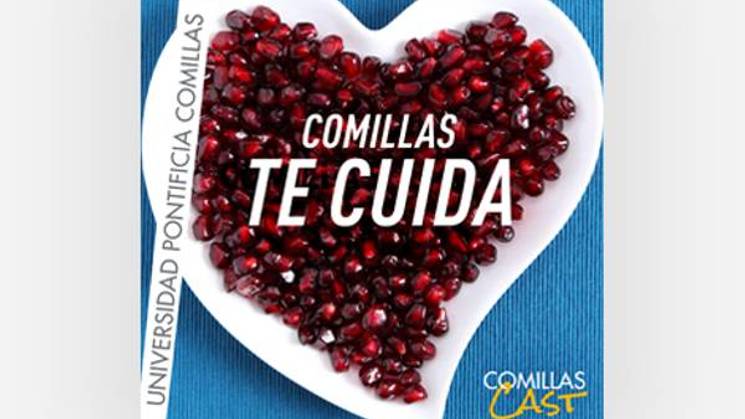 Imagen que muestra granos de granada en forma de corazón con el texto 'COMILLAS TE CUIDA'.