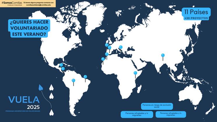 Cartel promocional con un mapa mundial y puntos azules marcando ubicaciones, véase 'Vuela 2025', destinado a reclutar voluntarios para proyectos en distintos países.