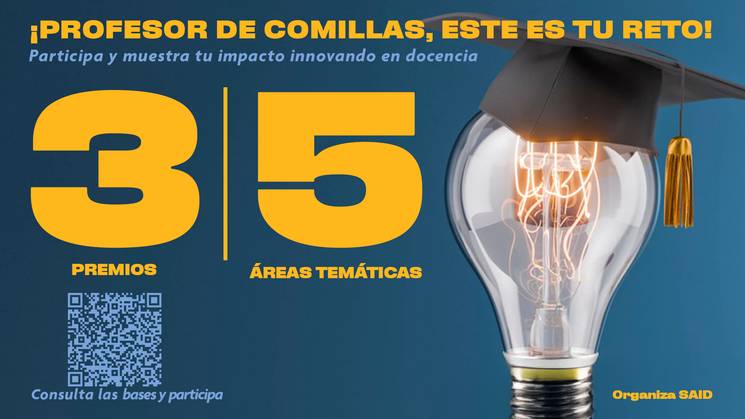 Cartel promocional para un evento académico mostrando un número '35' grande con una bombilla encendida que tiene un birrete, invitando a profesores de Comillas a participar en un reto de innovación docente.