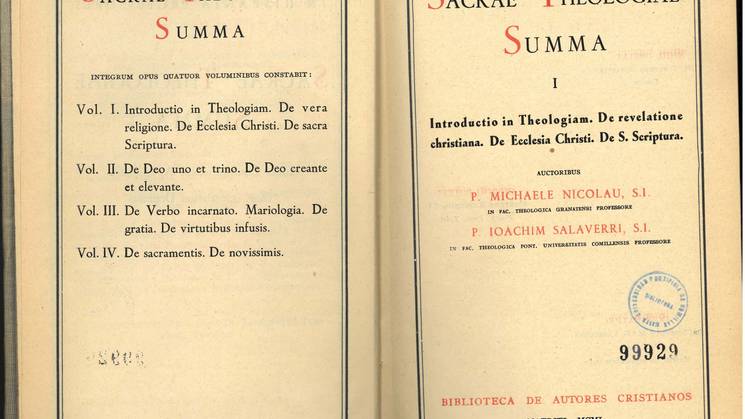 An open book displaying two title pages in Latin, associated with theological studies.