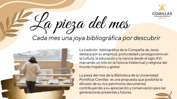 La imagen promociona una actividad sobre una joya bibliográfica en la Biblioteca de la Universidad Pontificia Comillas.