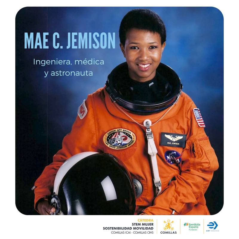 Imagen de Mae C. Jemison, ingeniera, médica y astronauta, vestida con traje espacial.