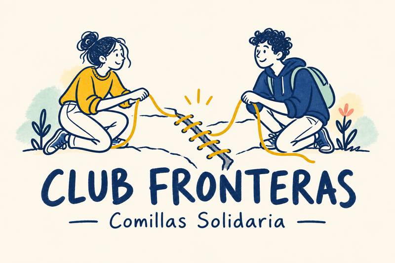 Ilustración del Club Fronteras, donde dos personas están uniendo cuerda en un ambiente colaborativo y solidario.