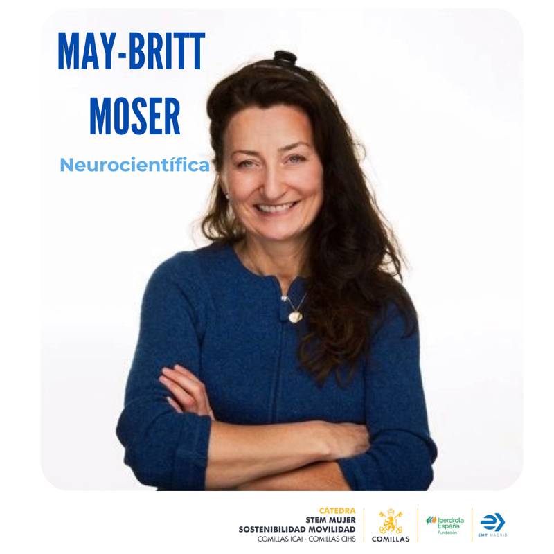 La imagen muestra a May-Britt Moser, una neurocientífica sonriente que luce una chaqueta azul y está en una pose relajada.