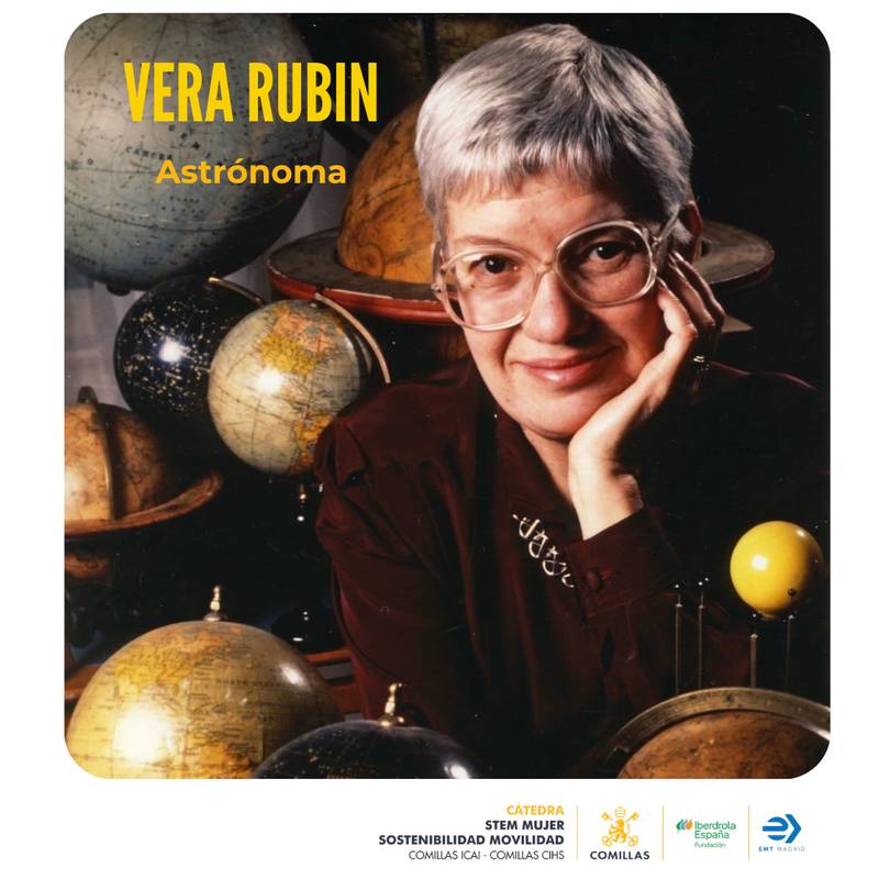 Retrato de Vera Rubin, destacada astrónoma, rodeada de globos terráqueos.