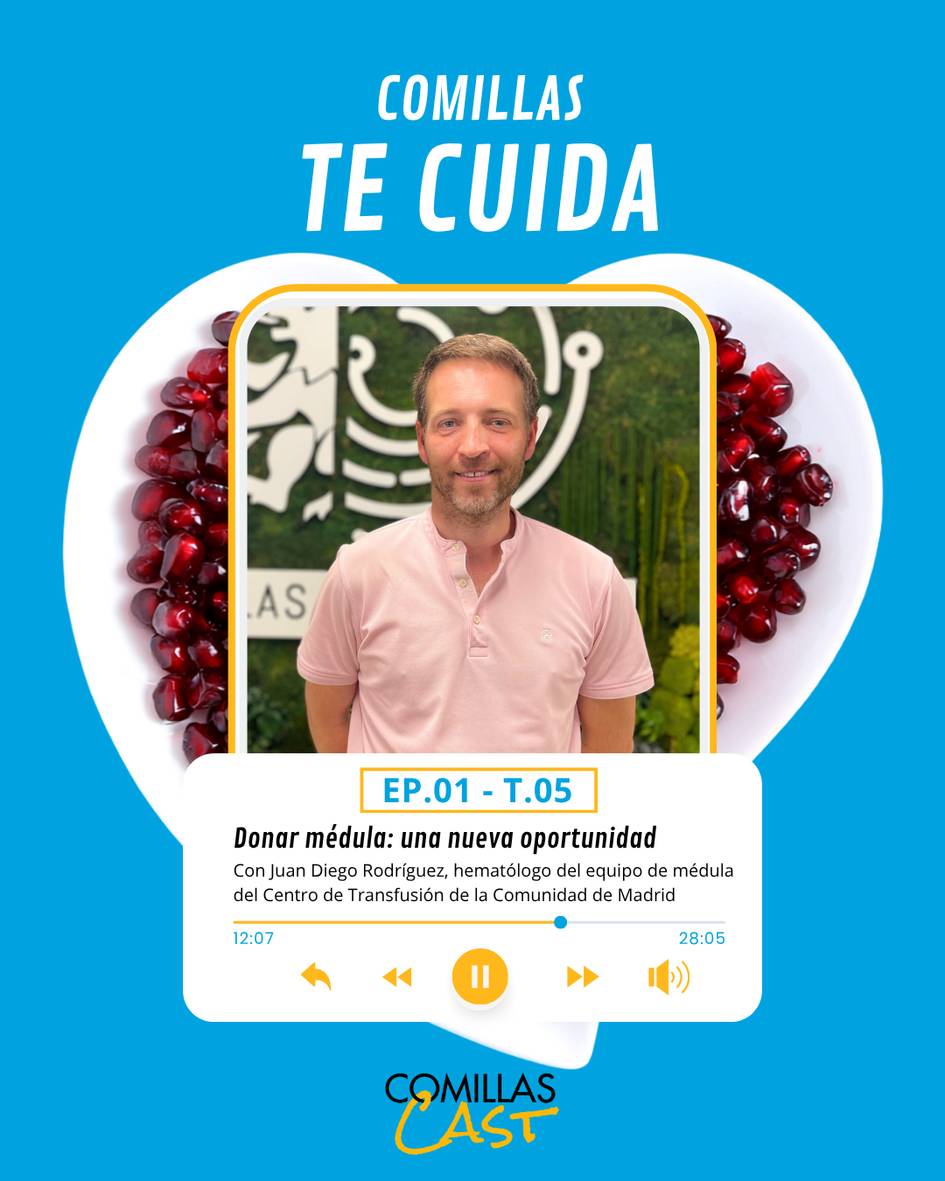 Una imagen promocional del podcast 'COMILLAS TE CUIDA' que presenta al invitado Juan Diego Rodríguez.