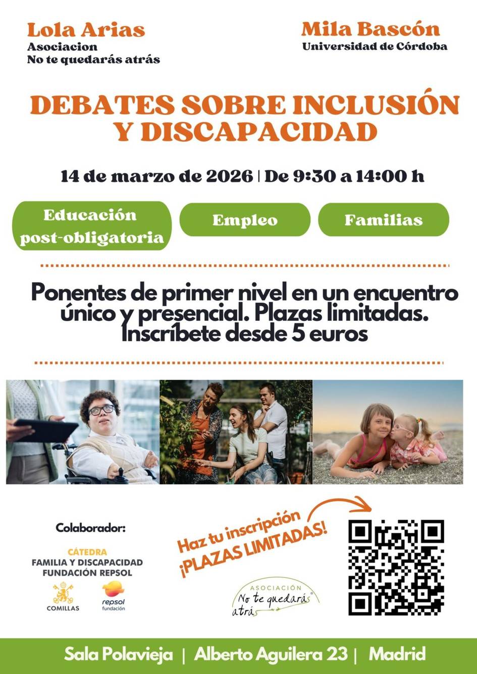 Cartel anunciador de un evento sobre inclusión y discapacidad con detalles de fecha y lugar.