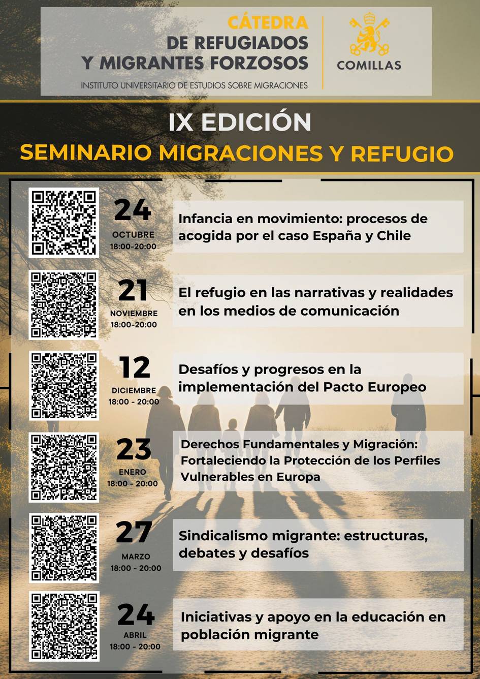 A poster for a seminar series titled 'IX Edición Seminario Migraciones y Refugio' organized by Cátedra de Refugiados y Migrantes Forzosos, featuring various topics and dates with QR codes for each event.