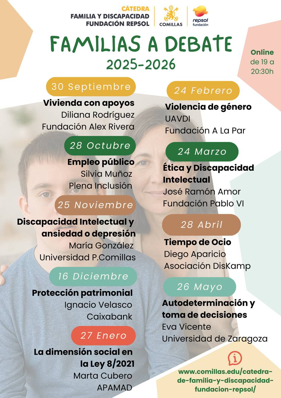 Cartel informativo sobre el ciclo de debates 'Familias a Debate' para el año 2025-2026 con fechas y temas específicos.