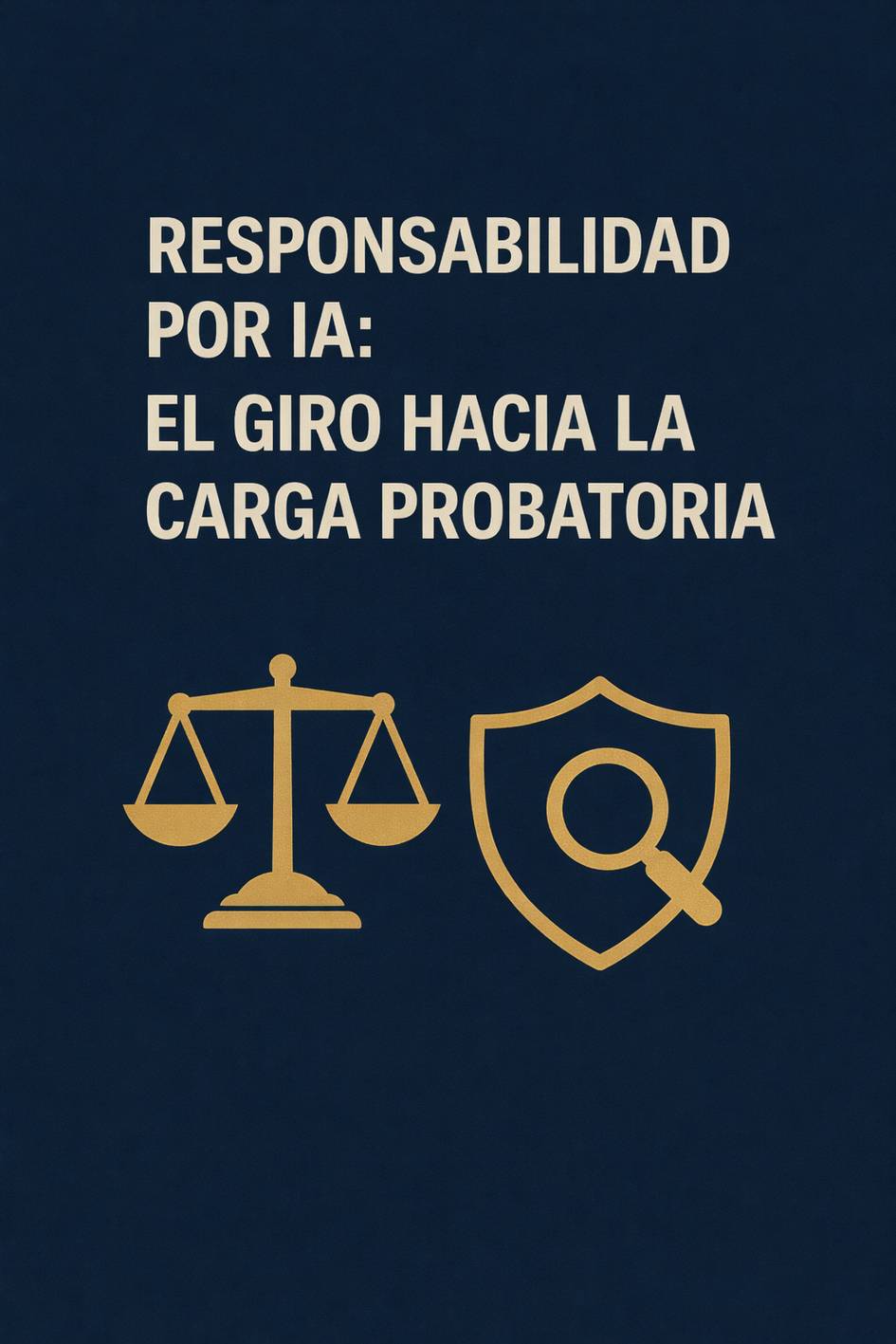 La imagen presenta un texto sobre la responsabilidad por inteligencia artificial con íconos de una balanza y un escudo.
