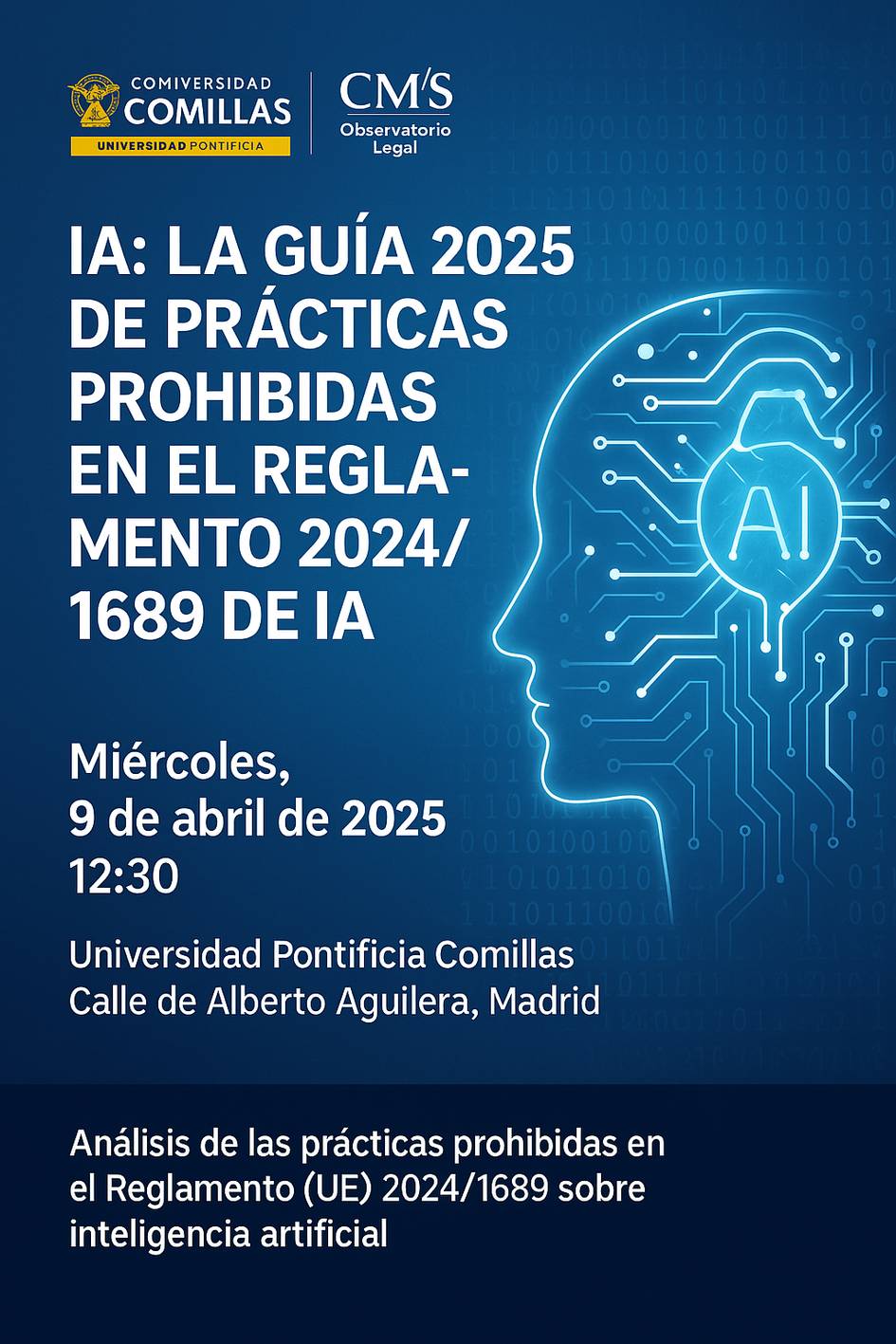 Una imagen que anuncia un evento sobre la regulación de prácticas prohibidas en inteligencia artificial.