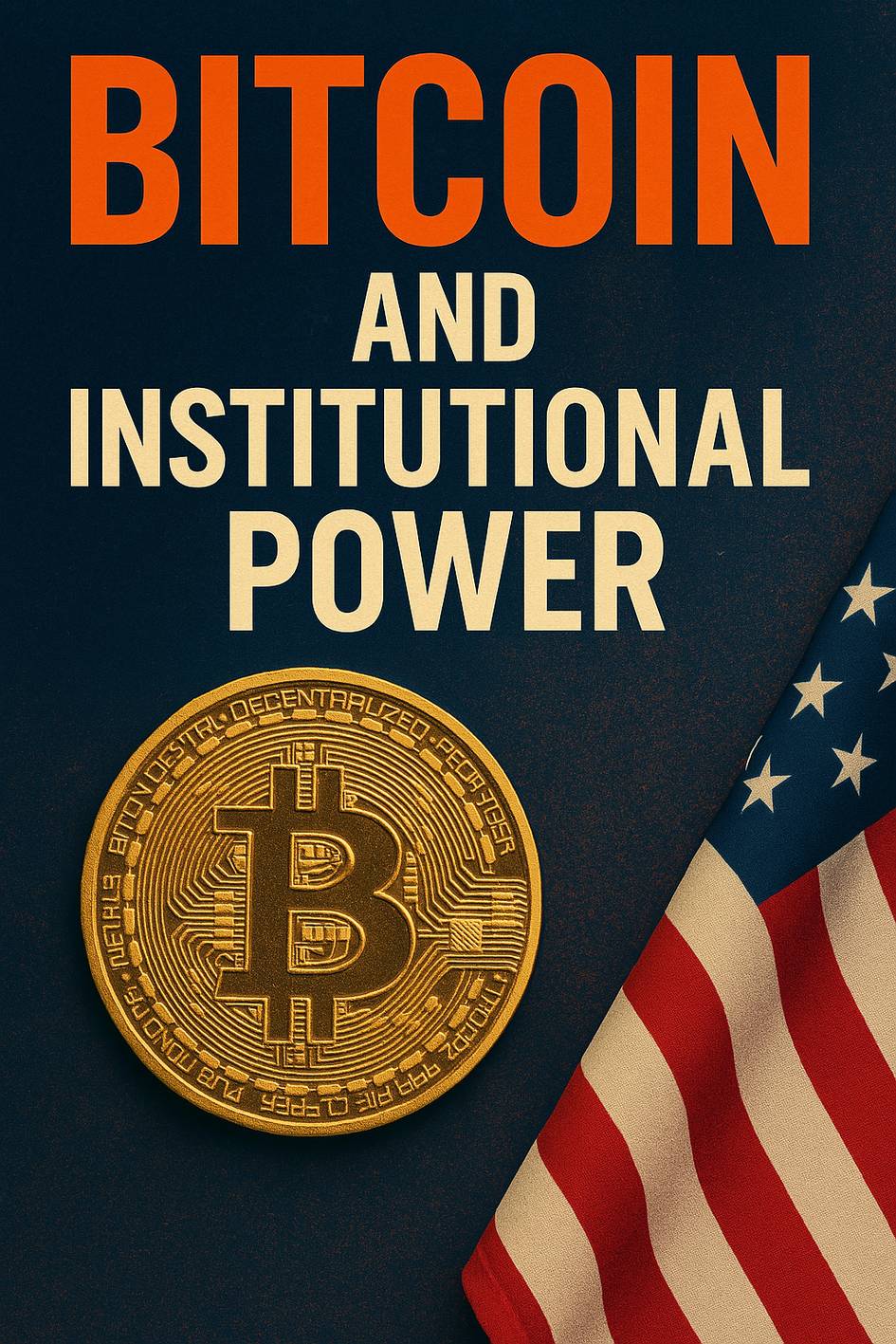 La imagen presenta una moneda de Bitcoin con un fondo que incluye la bandera de Estados Unidos, destacando el tema de poder institucional en el contexto de las criptomonedas.