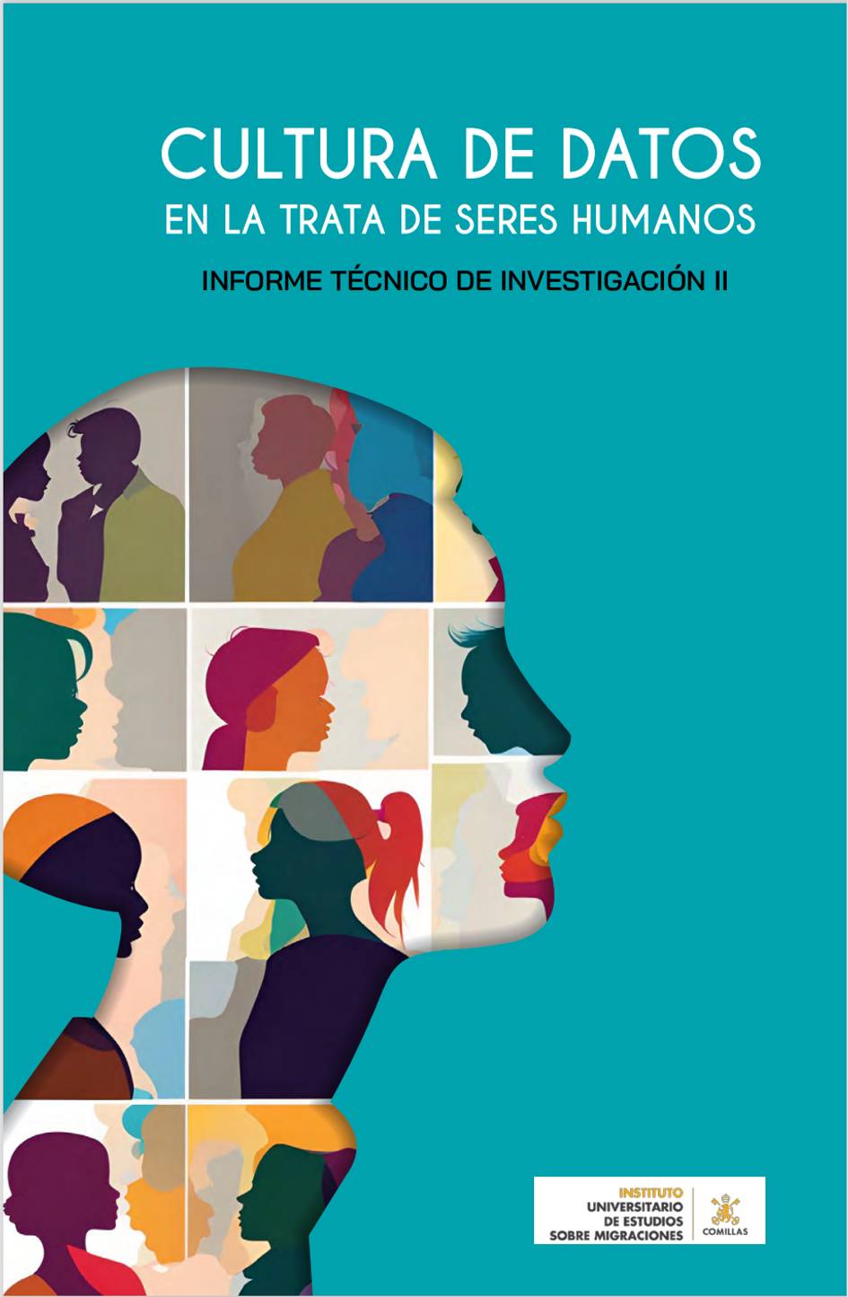 A colorful book cover titled 'Cultura de Datos en la Trata de Seres Humanos' featuring a profile made up of various smaller profiles in different colors.