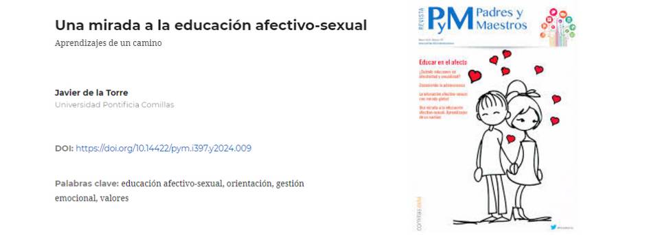 Cover of a journal article titled 'Una mirada a la educación afectivo-sexual' featuring a graphic of two stylized figures with hearts above them.