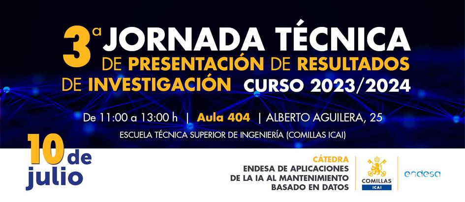 Promotional banner for the 3rd Technical Day of Research Results Presentation, scheduled for July 10th from 11:00 to 13:00, at Aula 404 of the Superior Technical School of Engineering.